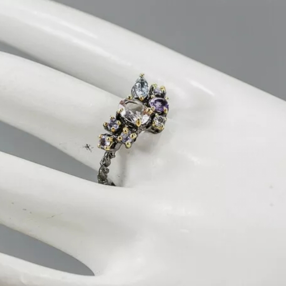 Amethyst Tanzanite & Aquamarine cluster Sterling ring sz 9 - Picture 3 of 9
